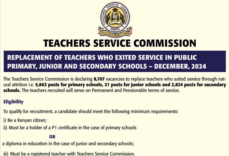 TSC Recruitment December 2024: 8,707 Teaching Vacancies Announced